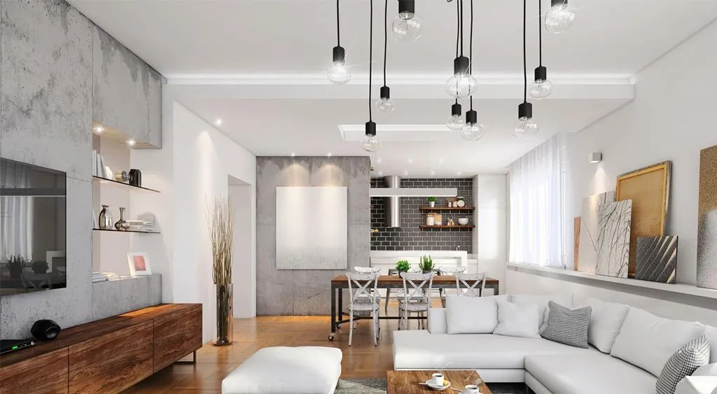 Pendant light fixtures hanging in a room